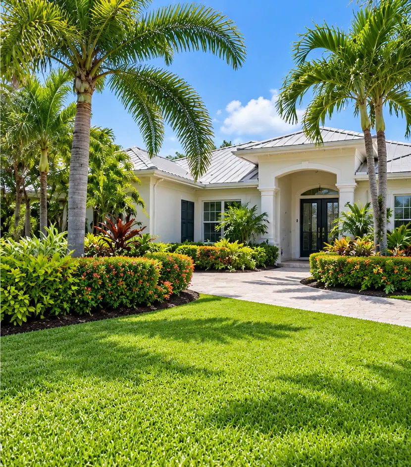 Same front yard with even lawn, shaped hedges and clear walkway