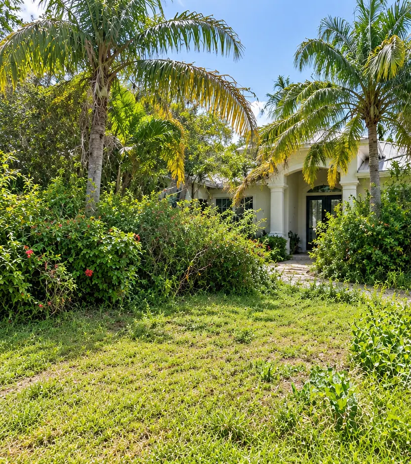 Overgrown front yard with uneven grass and untrimmed shrubs