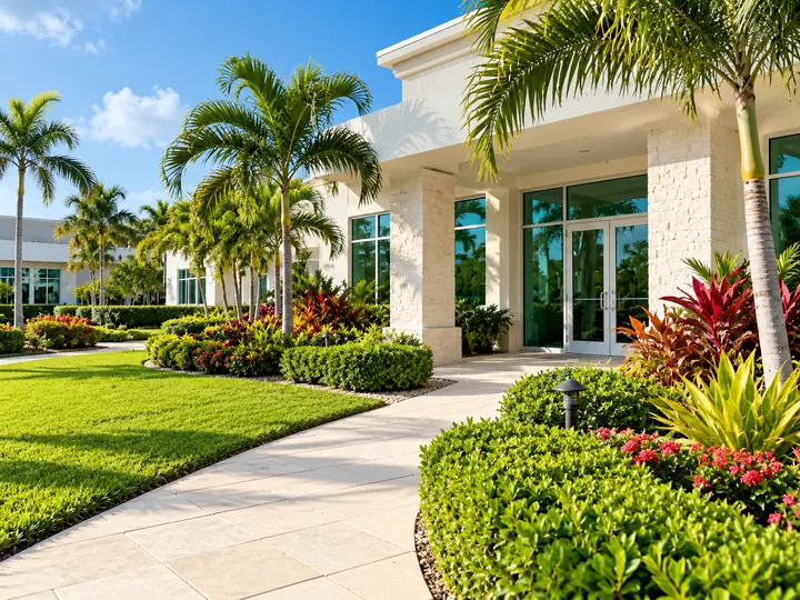 Trimmed shrubs and palms outside a commercial building entrance