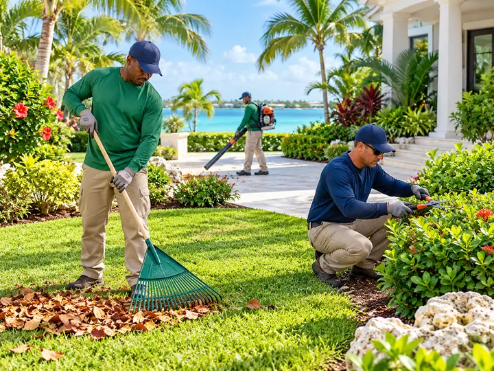 Crew raking leaves and trimming shrubs at a waterfront home