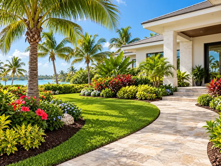 Landscaped tropical garden with curved lawn and flowering beds beside a stone path