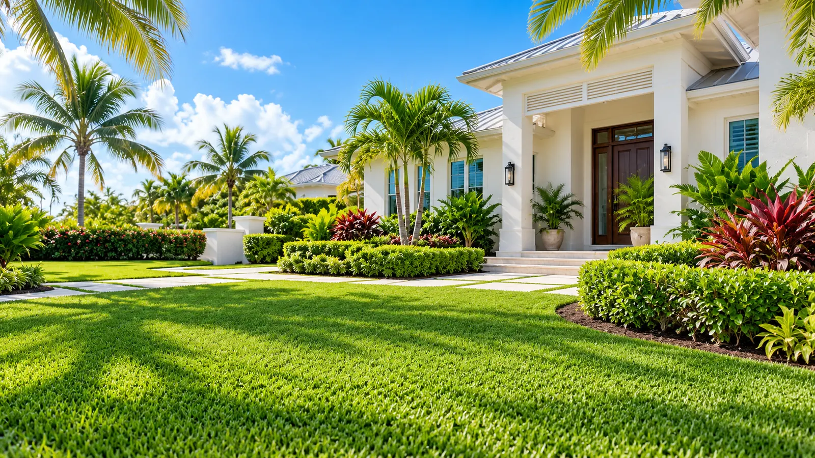 Freshly cut lawn and trimmed tropical shrubs in front of a white Bahamian style home