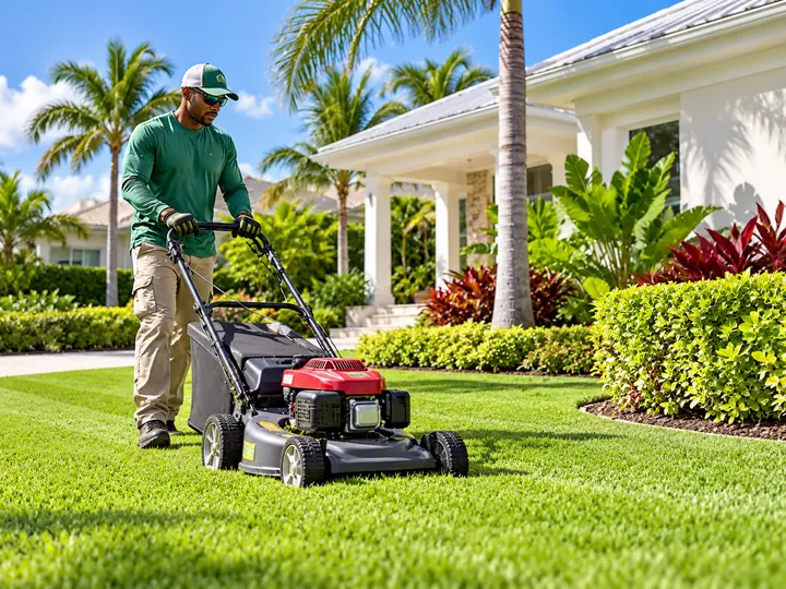 Groundskeeper mowing a green lawn in front of a white home